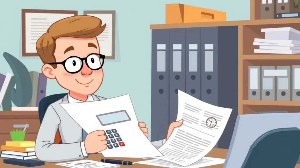 Cartoon illustration of person reviewing contract documents and tax forms with calculator and organized filing system, professional office setting, organized and focused expression