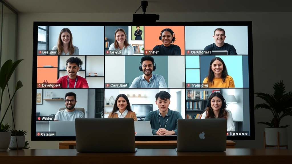 Diverse freelance professionals collaborating virtually through video call screens, representing different 1099 job types including designer, developer, writer, and consultant working together