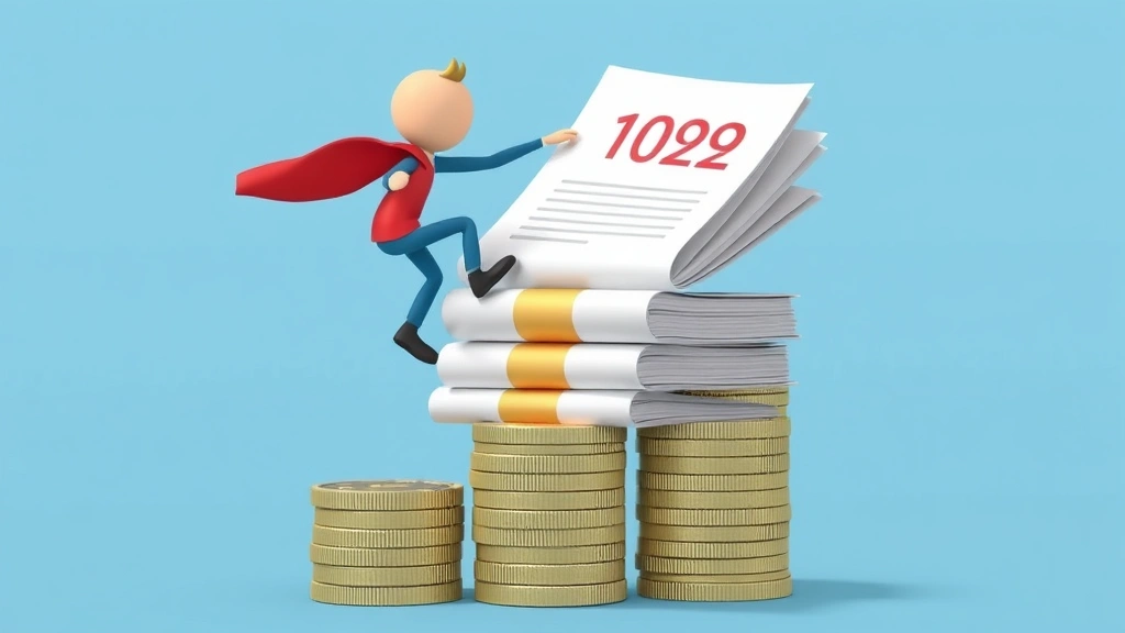 Cartoon figure climbing upward on stacked coins and documents, symbolizing financial growth and building sustainable 1099 contracting business with positive momentum