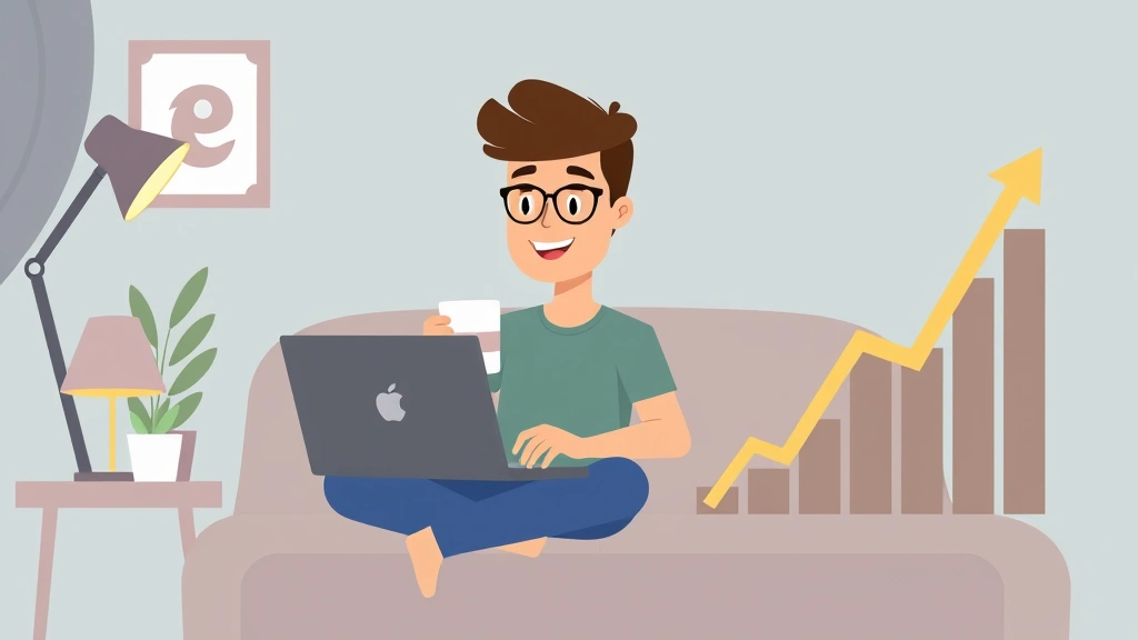 Cartoon illustration of a freelancer working from home with coffee cup, laptop, and growth chart showing increasing income over time, motivational business theme