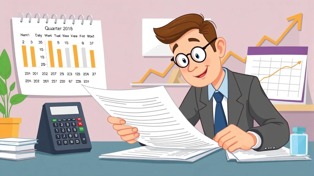 Cartoon scene of professional reviewing financial documents and tax forms with calculator, calendar showing quarterly dates, and growth chart in background