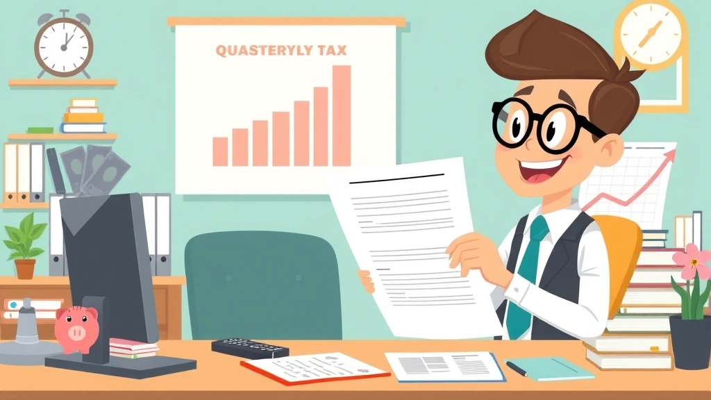 Happy cartoon business owner reviewing quarterly tax documents with organized filing system, piggy bank, and growth chart visible, professional home office environment with clear desk organization