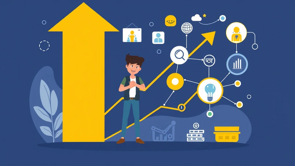 Cartoon illustration of freelancer building business growth chart upward with client handshakes, networking connections, and skill development icons in background