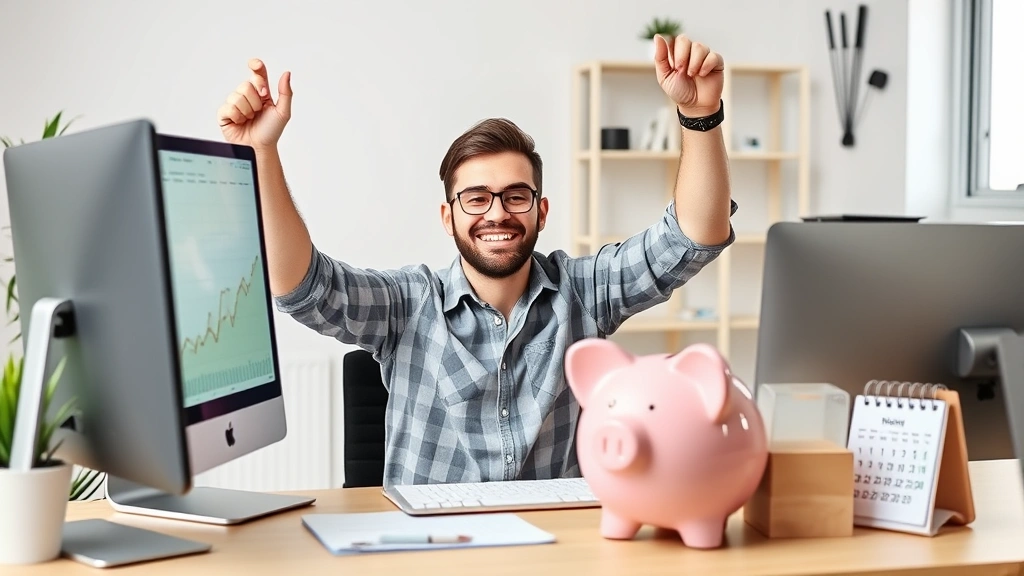 Successful 1099 contractor celebrating at computer with upward trending income graph, piggy bank, and calendar showing consistent bookings, positive energy and financial growth theme