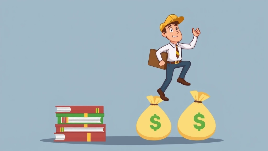 Cartoon contractor climbing upward on stacked documents and money bags representing growing income and success, motivational and positive tone