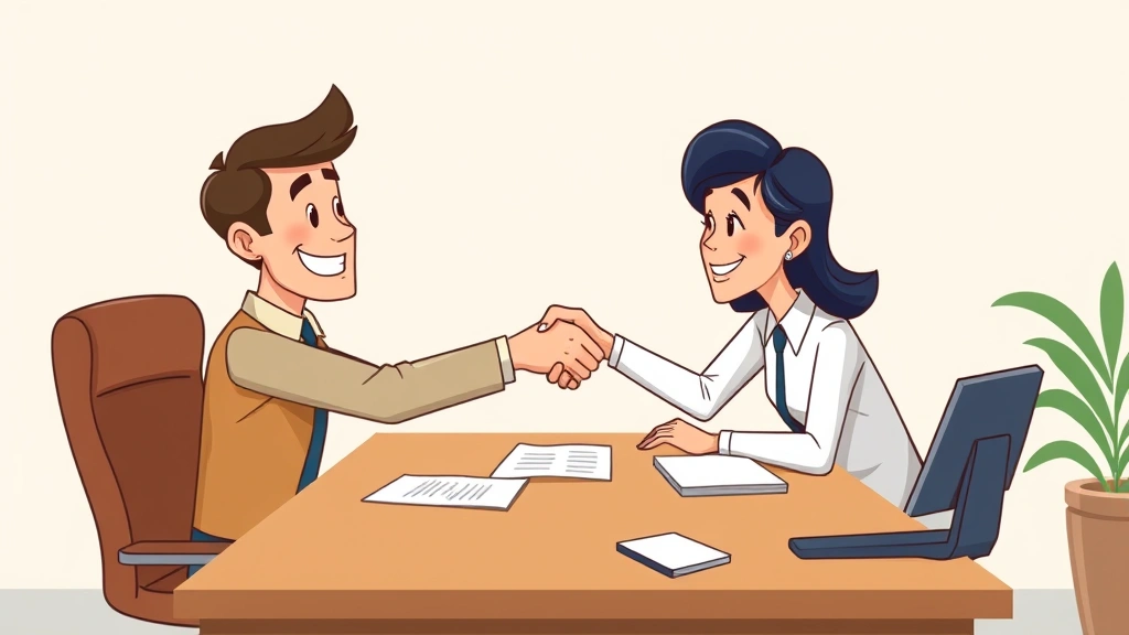 Cartoon entrepreneur shaking hands with client across desk, contract document visible, both parties smiling, representing successful 1099 business relationship and professional agreement