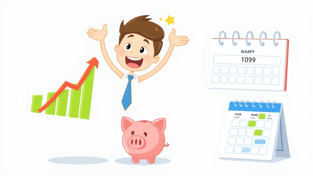 Cartoon figure celebrating with upward trending income chart, piggy bank, and calendar showing work schedule flexibility, representing 1099 career success