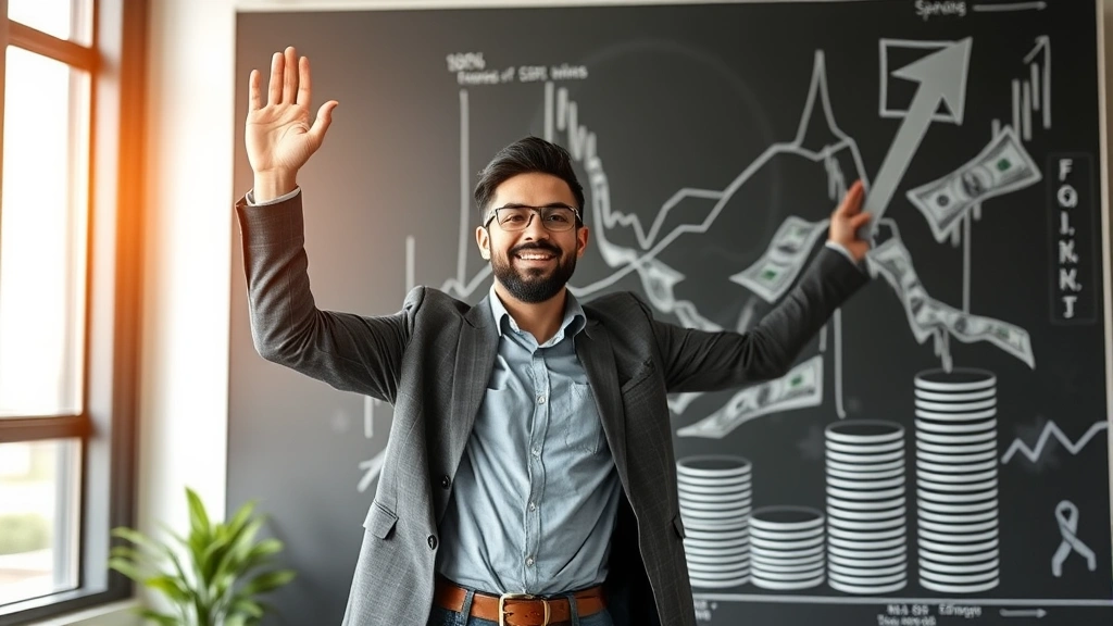 Independent contractor celebrating success with upward trending graph, multiple income streams represented, financial growth visualization, confident professional pose