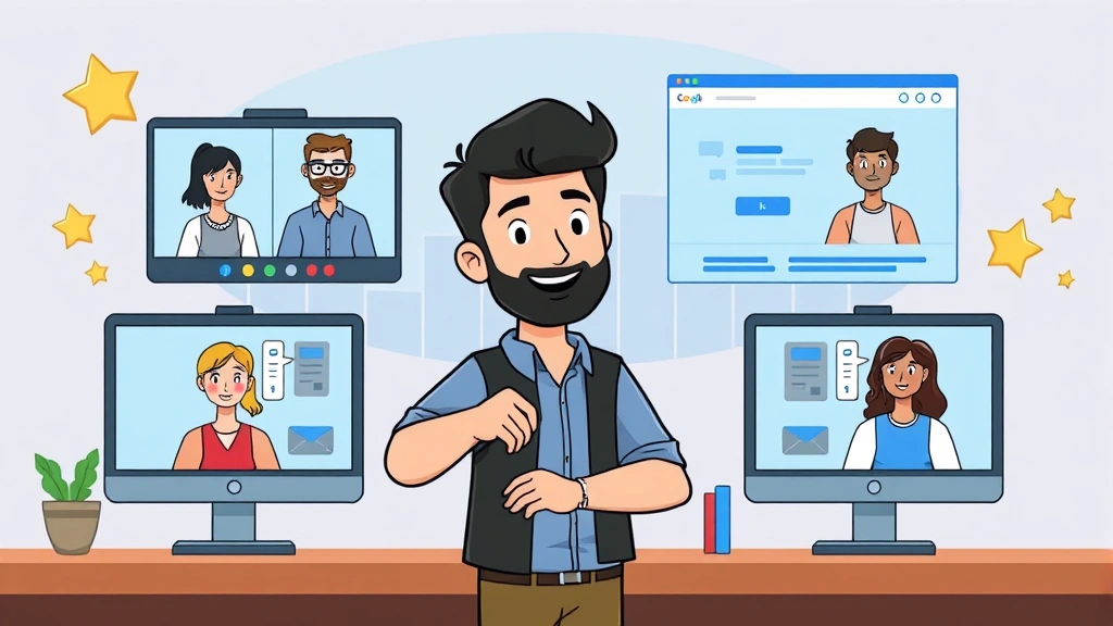 Cartoon illustration of a successful freelancer shaking hands with multiple clients on video call screens, growth chart in background, portfolio website displayed on monitor, celebration elements like stars and thumbs up