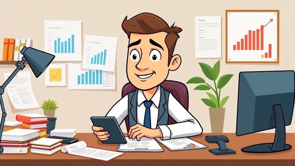 Cartoon male entrepreneur managing finances and taxes with calculator, charts, and financial planning documents, organized desk setup