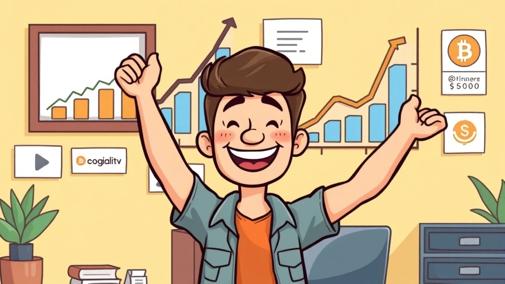 Cartoon freelancer celebrating with charts showing increasing income growth, multiple client logos, and successful project completions on wall behind them