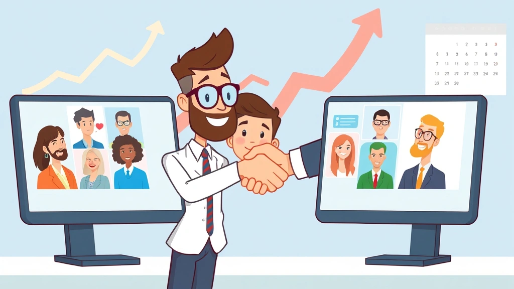 Cartoon freelancer shaking hands with diverse clients through computer screens, with growth arrow and calendar dates in background, professional and successful atmosphere