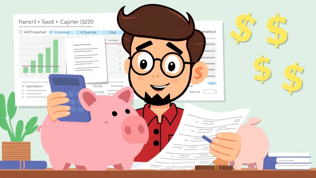 Cartoon person reviewing financial spreadsheet with calculator, piggy bank, and dollar signs, planning quarterly taxes and business expenses