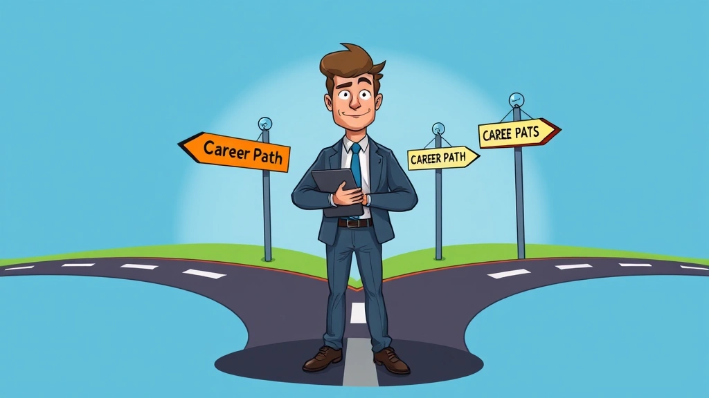 Cartoon image of a confident independent contractor standing at a crossroads with multiple career path signs, holding a briefcase and tablet, symbolizing business growth and decision-making opportunities