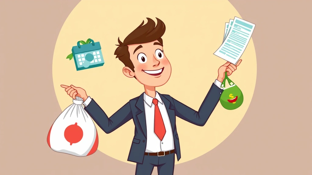 Cartoon person juggling money bags, calendar, and contracts, balancing act pose, financial stability concept, colorful objects, confident expression, professional attire, no text