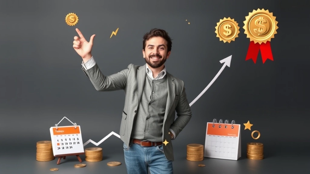 Freelancer celebrating success with upward trending graph chart, money symbols, growth indicators, calendar showing increasing rates, confident pose with achievement badges floating
