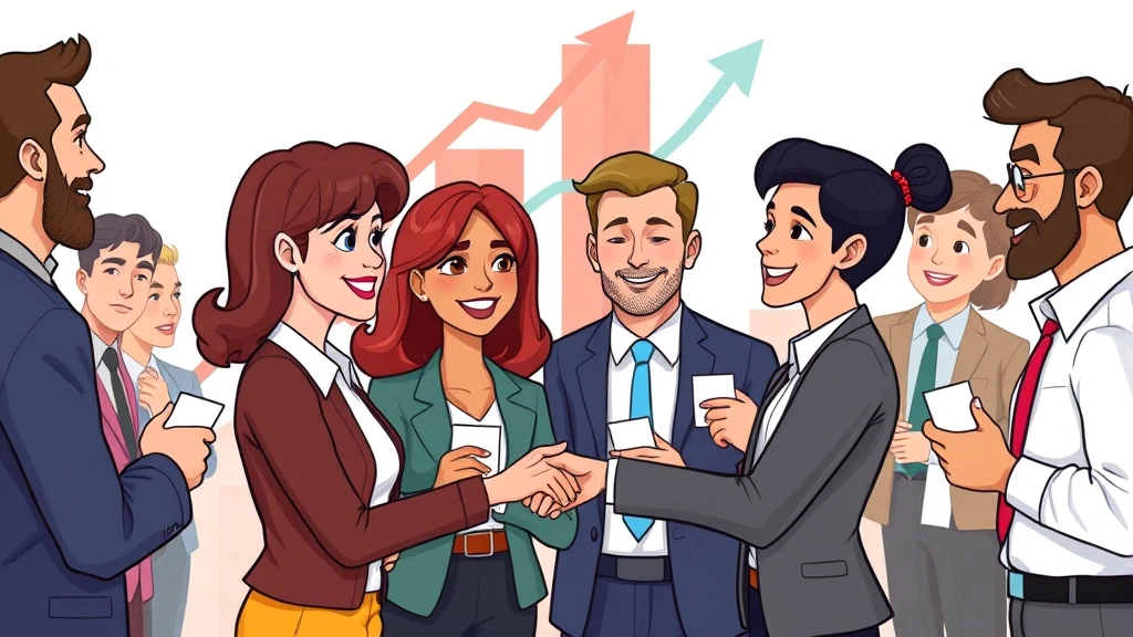 Cartoon diverse group of professionals networking at a business conference, shaking hands, exchanging contact cards, with building blocks and upward arrows in background