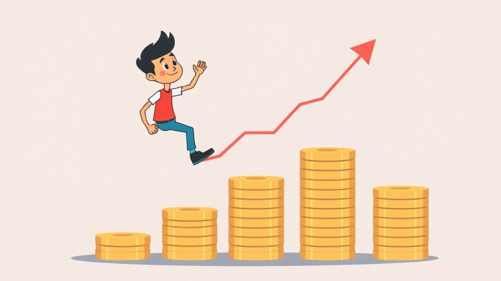 Cartoon character climbing upward on stacked coins and charts, representing freelance income growth and career progression, motivational style
