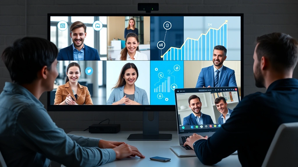 Diverse independent contractors collaborating remotely via video call on computer screens with networking icons and growth charts in background