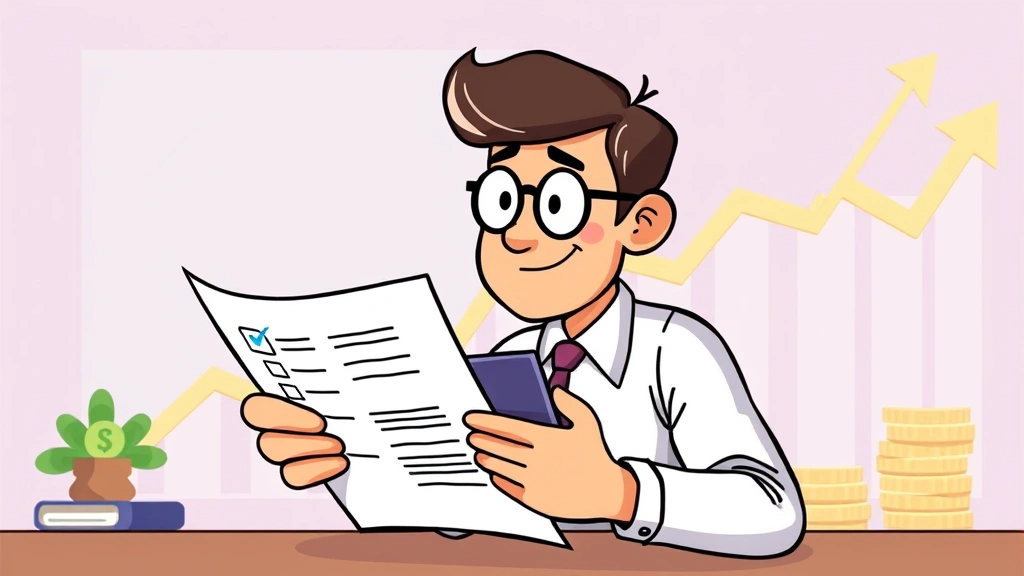 Cartoon professional reviewing contract documents with checklist, calculator showing calculations, money and growth chart in background, representing financial planning and success