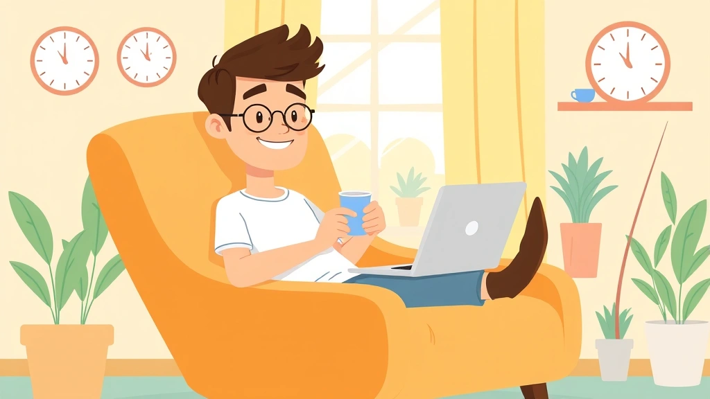 Cartoon self-employed person relaxing in a comfortable chair with laptop, coffee cup, and flexible schedule symbols like clocks showing different times, sunny home office with plants and warm lighting