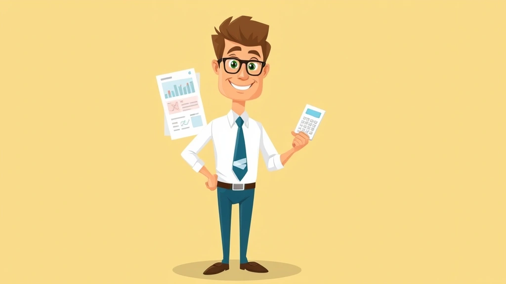 Cartoon business person standing confidently with financial charts, calculator, and tax forms, representing successful independent contractor financial management