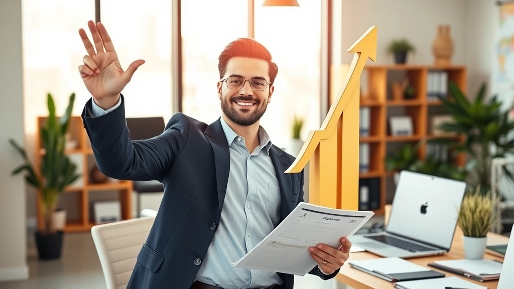 Successful independent contractor celebrating milestone, growth chart trending upward, financial planning documents, confident professional appearance, modern workspace