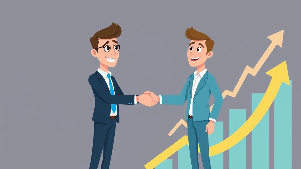 Cartoon freelancer shaking hands with a business professional client, with growth arrows and upward trending graph in background, representing successful business scaling and partnerships