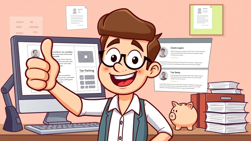 Cartoon freelancer celebrating with thumbs up, computer screen displaying completed projects and client testimonials, piggy bank and tax documents organized nearby, confident and successful demeanor