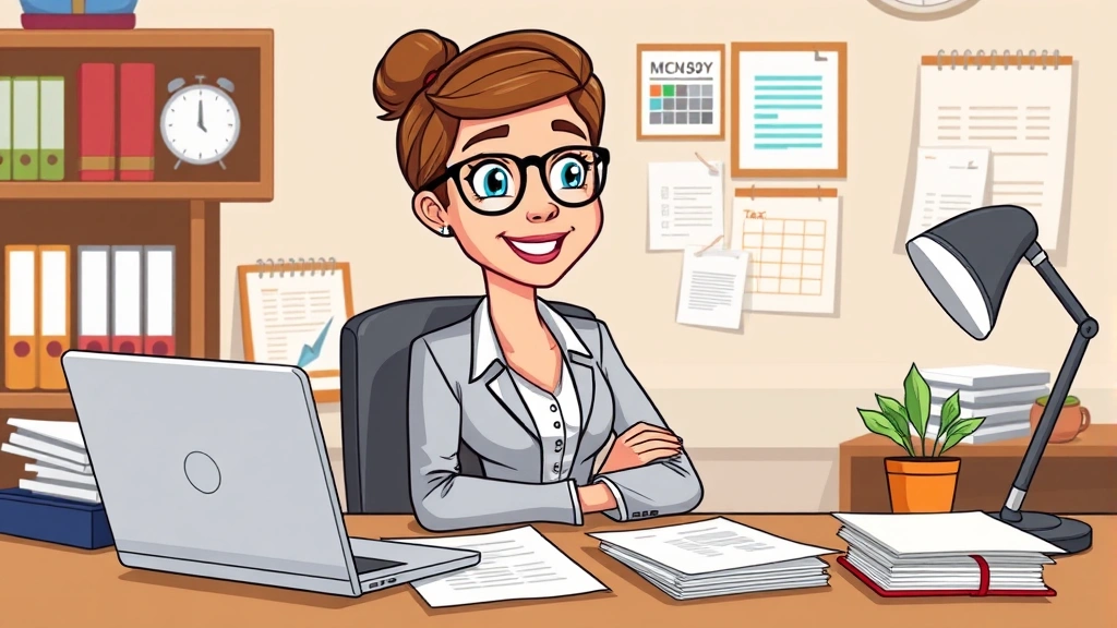 Cartoon professional sitting at desk with laptop, calendar, and financial documents, looking organized and confident about business planning and tax preparation