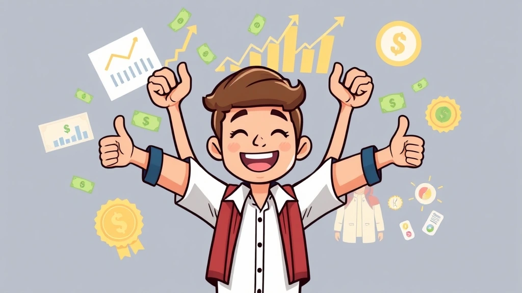 Cartoon character celebrating success with arms raised, surrounded by money, growth charts, and achievement badges, happy expression with clients giving thumbs up in background, motivational tone