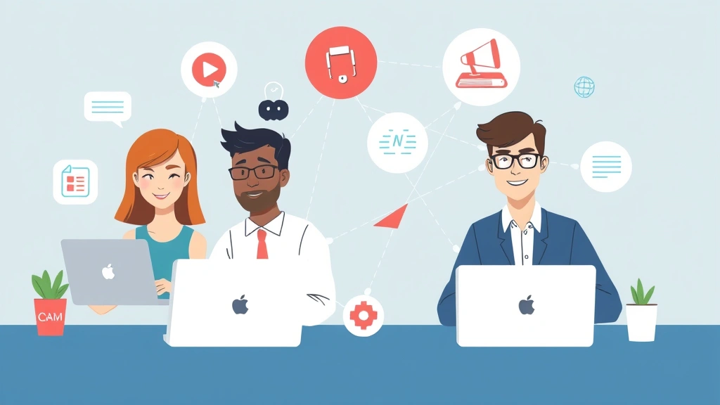 Cartoon illustration of diverse professionals (designer, developer, writer, consultant) working independently with laptops and projects, connected by network lines, collaborative professional style