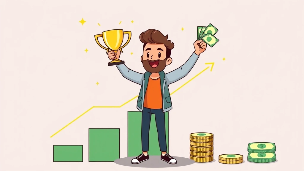 Cartoon illustration of freelancer celebrating milestone with trophy, growth chart, and dollar bills, representing scaling from hourly work to retainers and passive income streams