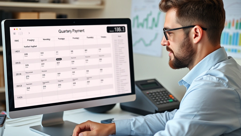 Tax professional or accountant reviewing quarterly payment schedule on computer screen, calendar with marked dates, calculator and financial charts in background, focused helpful demeanor