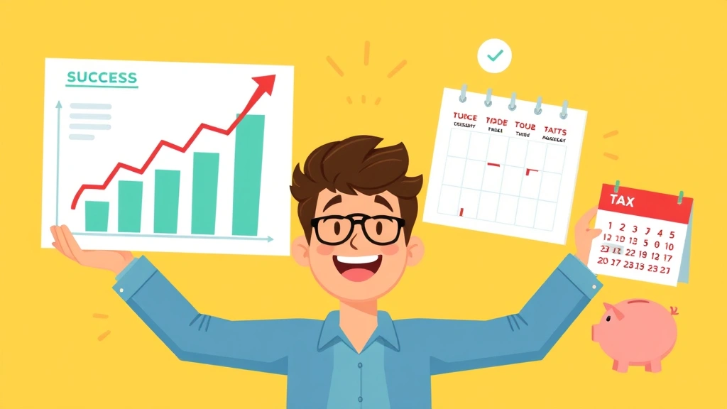 Person celebrating financial success with growing income chart, tax forms, business growth symbols, piggy bank, and calendar showing quarterly tax dates, cartoon style, motivational tone