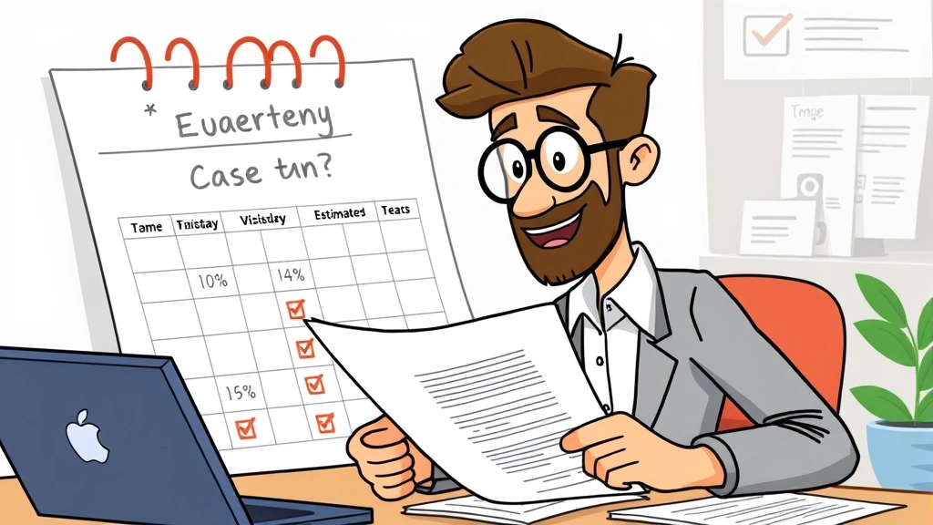 Cartoon entrepreneur reviewing quarterly tax forms and estimated payment schedule on calendar, with checkmarks and financial planning notes visible
