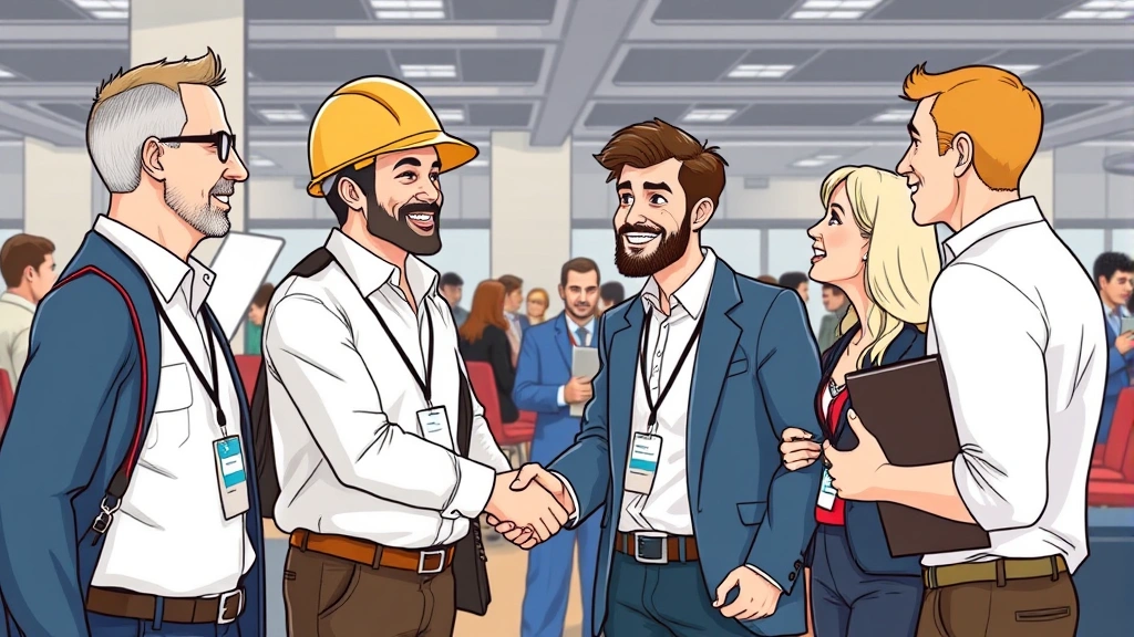 Cartoon illustration of contractor networking at professional conference, shaking hands with potential clients and colleagues in business casual attire, showing relationship building