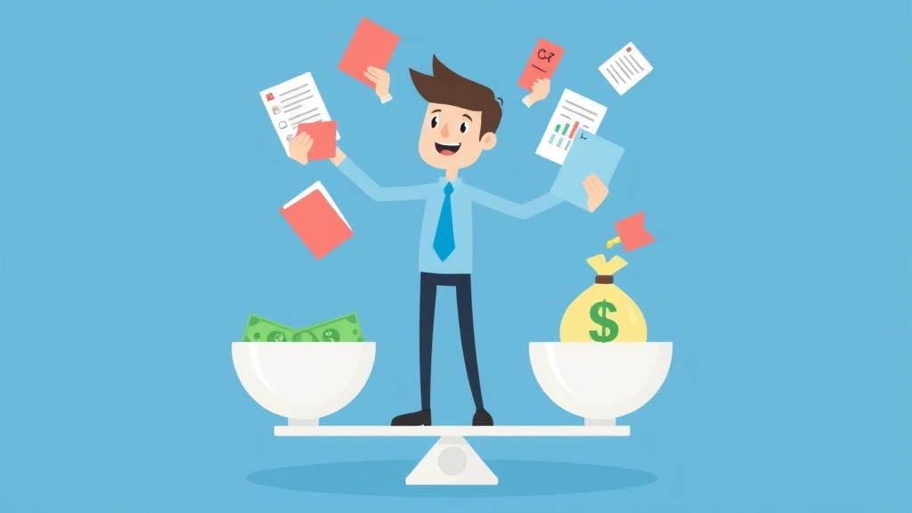 Cartoon character juggling multiple project folders, clients, and money bags while standing on balance scale with income stability symbol, representing contract work management