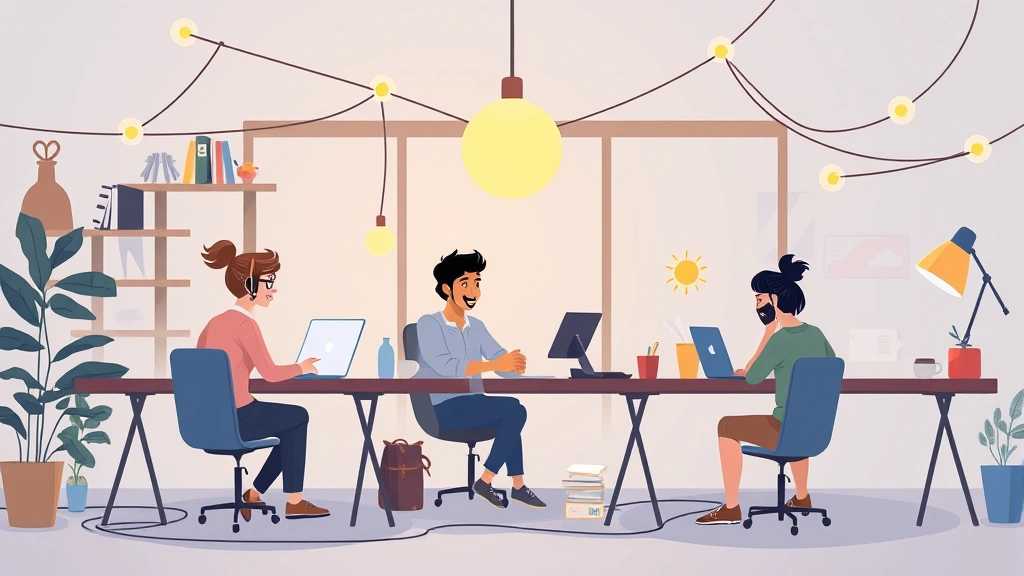 Cartoon diverse group of freelancers working from different locations - home office, coffee shop, co-working space - connected by network lines, collaborative energy