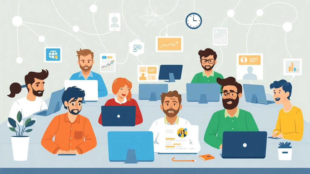 Cartoon diverse team of remote contractors working on different projects, laptop screens, video calls, and collaboration tools visible, connected by network lines