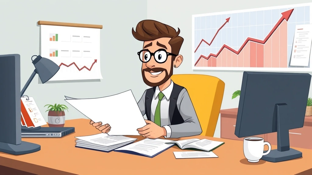 Cartoon entrepreneur reviewing contracts and financial documents at desk, with upward trending graph on wall, coffee cup nearby, professional home office setting
