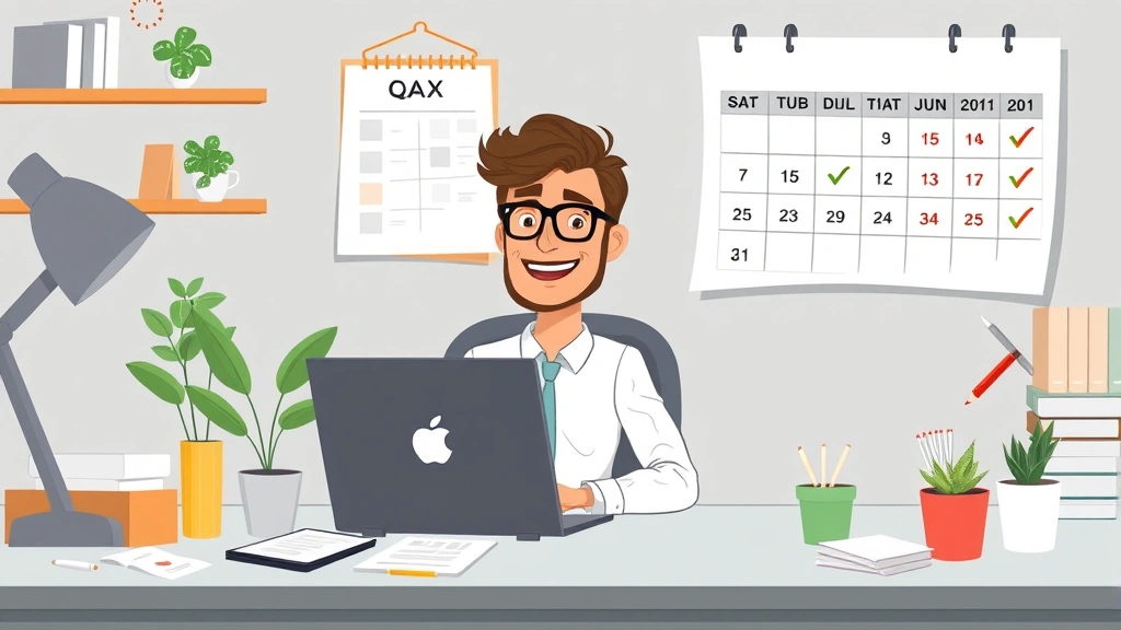 Cartoon entrepreneur in home office workspace with laptop, plant, and business supplies, calendar showing quarterly tax dates, checkmark symbols indicating completed tasks