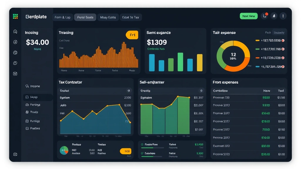 Financial planning dashboard showing income tracking, tax calculations, and business expenses for self-employed contractor managing their earnings