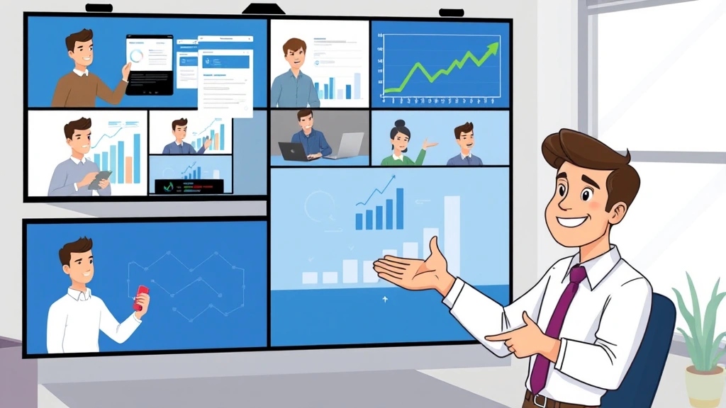 Cartoon business owner confidently presenting to multiple clients simultaneously through video screens, showing portfolio and growth charts, representing scaling and success