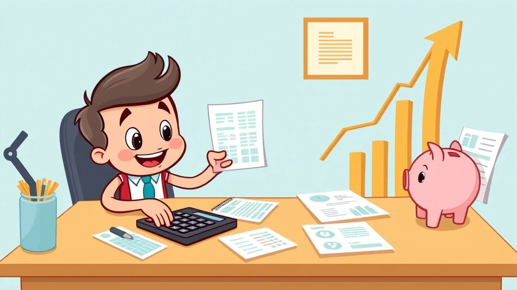 Cartoon character calculating finances at desk with calculator, spreadsheet, tax forms, piggy bank, and growth chart showing upward arrow, organized desk setup