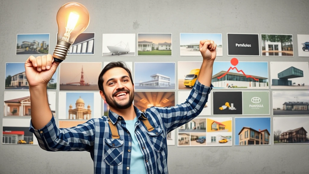 Successful contractor celebrating with upward trending graph, light bulb above head representing ideas, diverse portfolio projects displayed on wall behind them, celebratory pose, no text visible