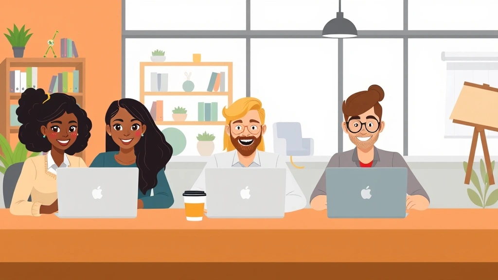 Cartoon diverse group of independent contractors collaborating remotely via video call on laptops, coffee cups, casual professional attire, coworking space or home office backgrounds
