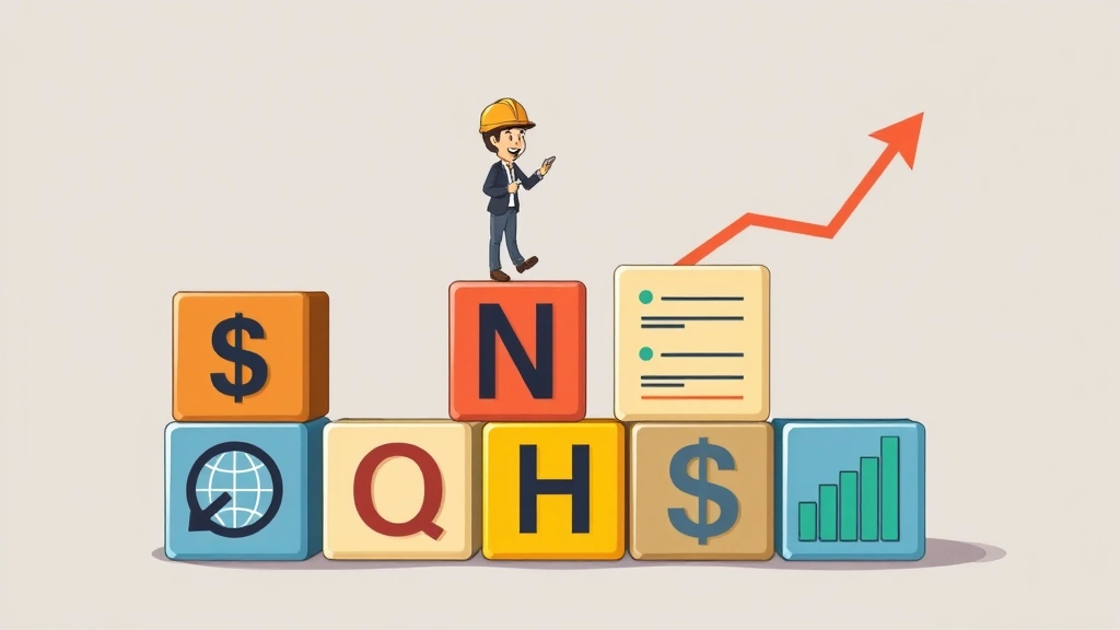 Cartoon contractor building blocks representing business growth, financial charts, client relationships, and professional development, upward trajectory