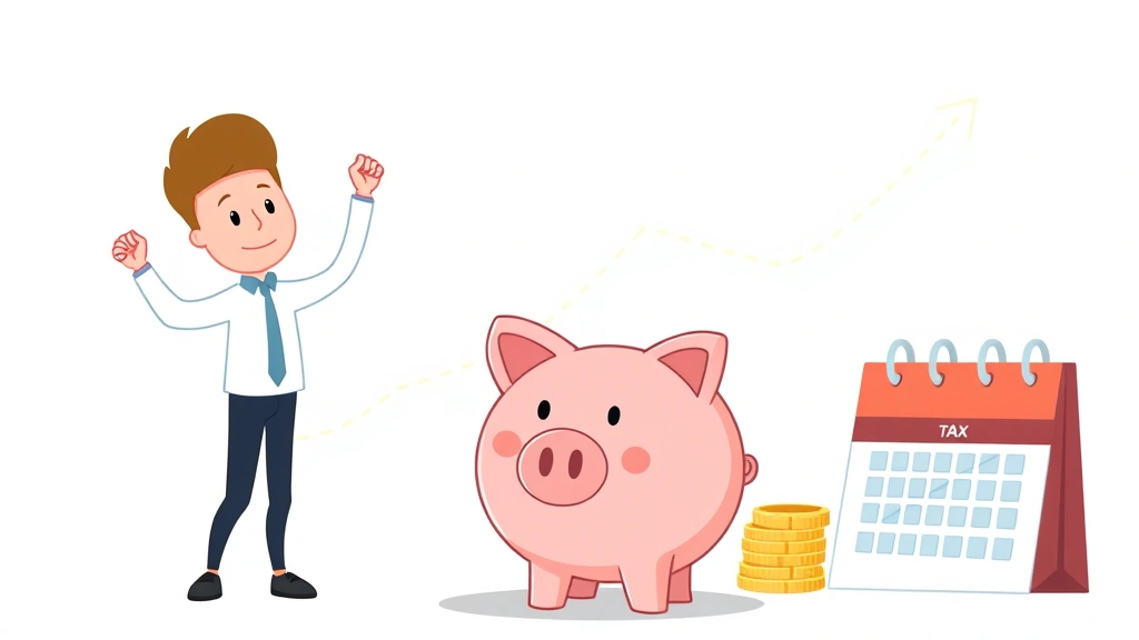 Cartoon successful freelancer celebrating income growth with upward arrow charts, piggy bank for savings, calendar showing tax dates, professional growth visualization