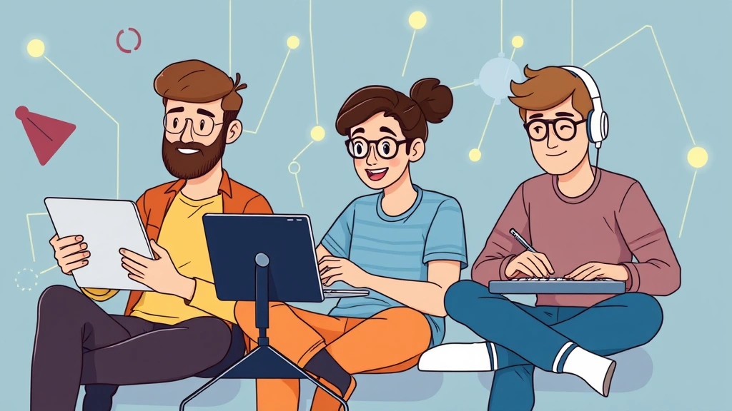 Diverse freelancers collaborating remotely on various projects: designer at tablet, developer coding, writer at keyboard, all connected by digital network lines in cartoon style